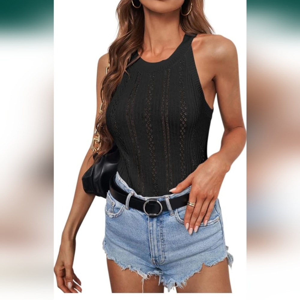 Foakwety Womens Halter Tank Tops Summer Casual Sleeveless Crochet Cami Top Slim